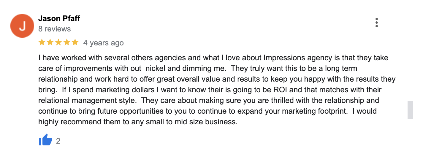 Screenshot of a positive Google Business Profile review, highlighting customer satisfaction
