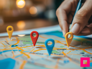 Hand placing pins on a map, symbolizing the strategic use of geo targeted content to enhance local SEO and attract nearby customers.