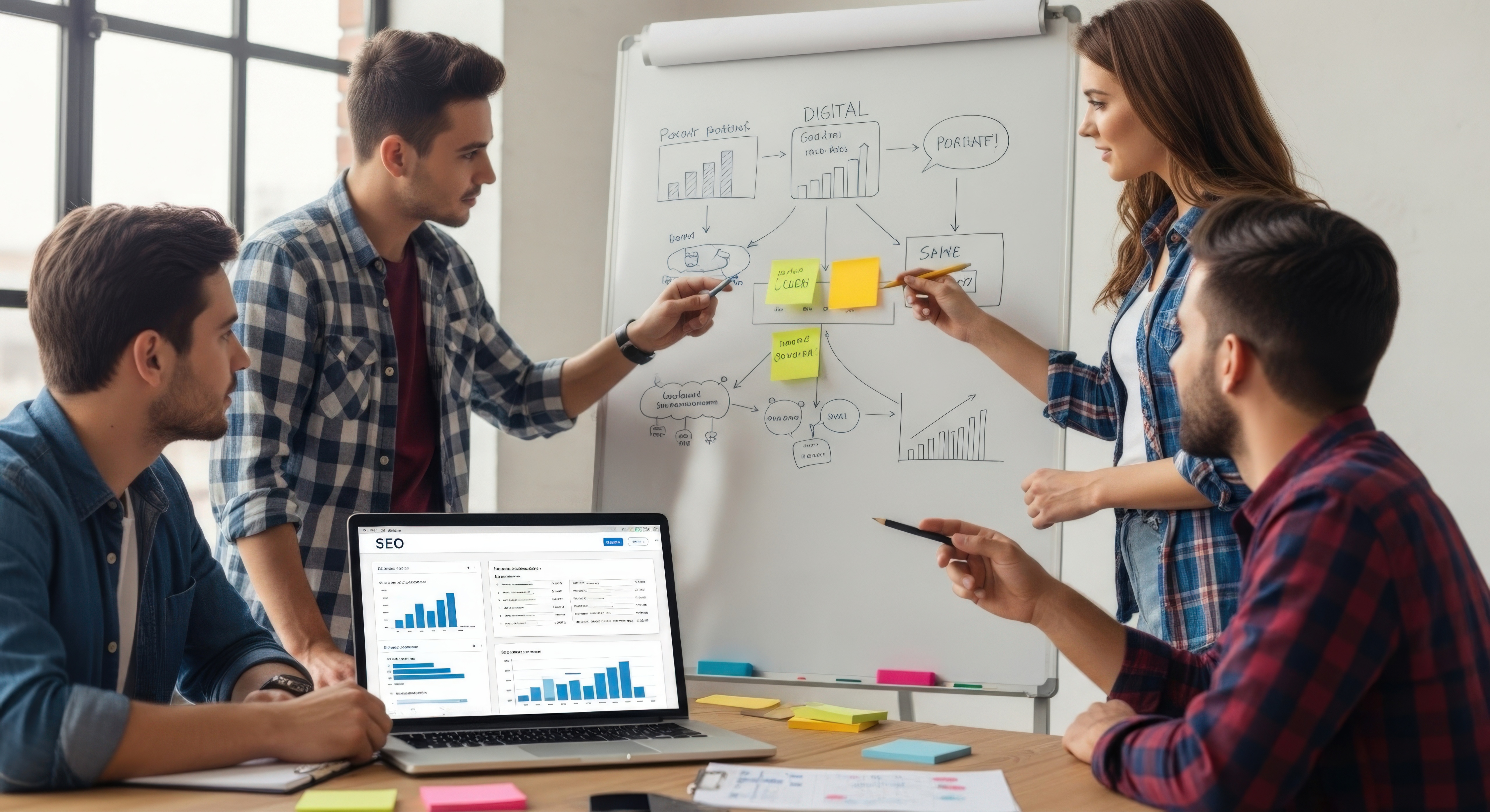 Team discusses SEO strategies in an office setting, planning methods to boost rankings, traffic, and long-term online growth.