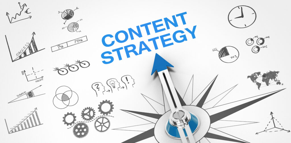 Compass with an arrow pointing upward toward the words “CONTENT STRATEGY” surrounded by sketches of charts and gears, representing an Authentic Content Strategy for brands.