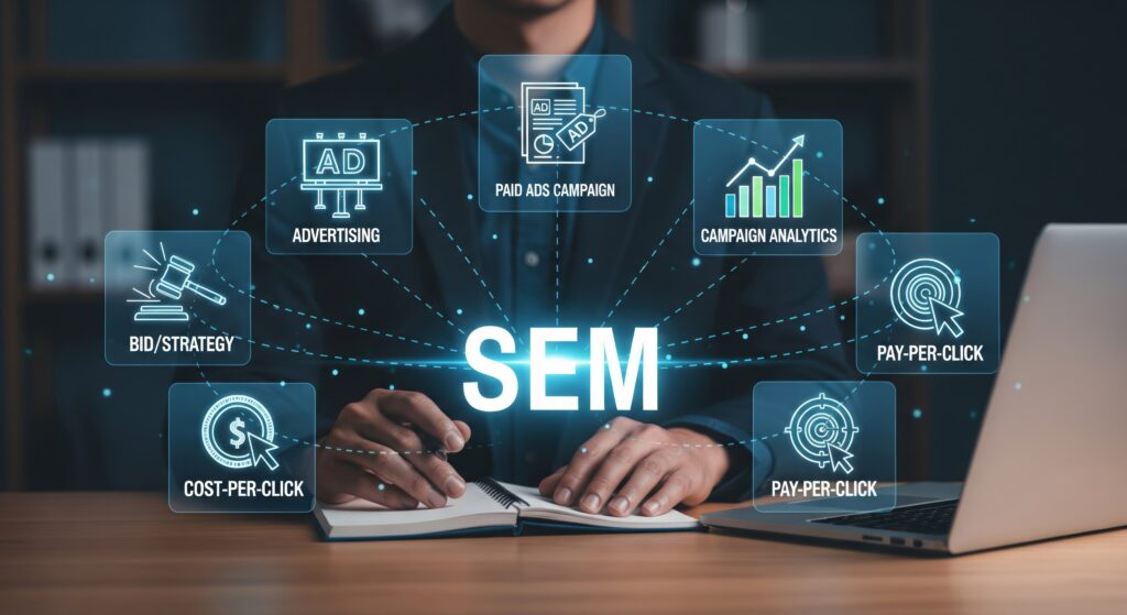SEM holographic interface displaying PPC advertising analytics, cost-per-click icons, and audience targeting data