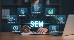 SEM holographic interface displaying PPC advertising analytics, cost-per-click icons, and audience targeting data