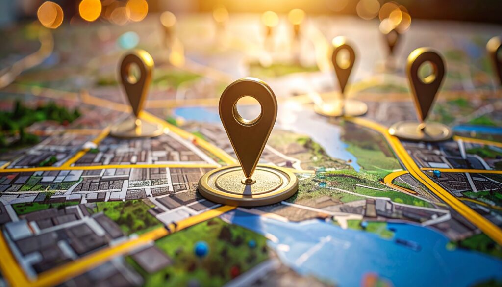 Search engine optimization for local businesses showing multiple geolocation pins on a city map to target customers and drive foot traffic.