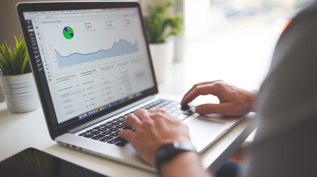 Digital marketing professional analyzing PPC campaign data on a laptop, optimizing budget and ad performance to maximize ROI.