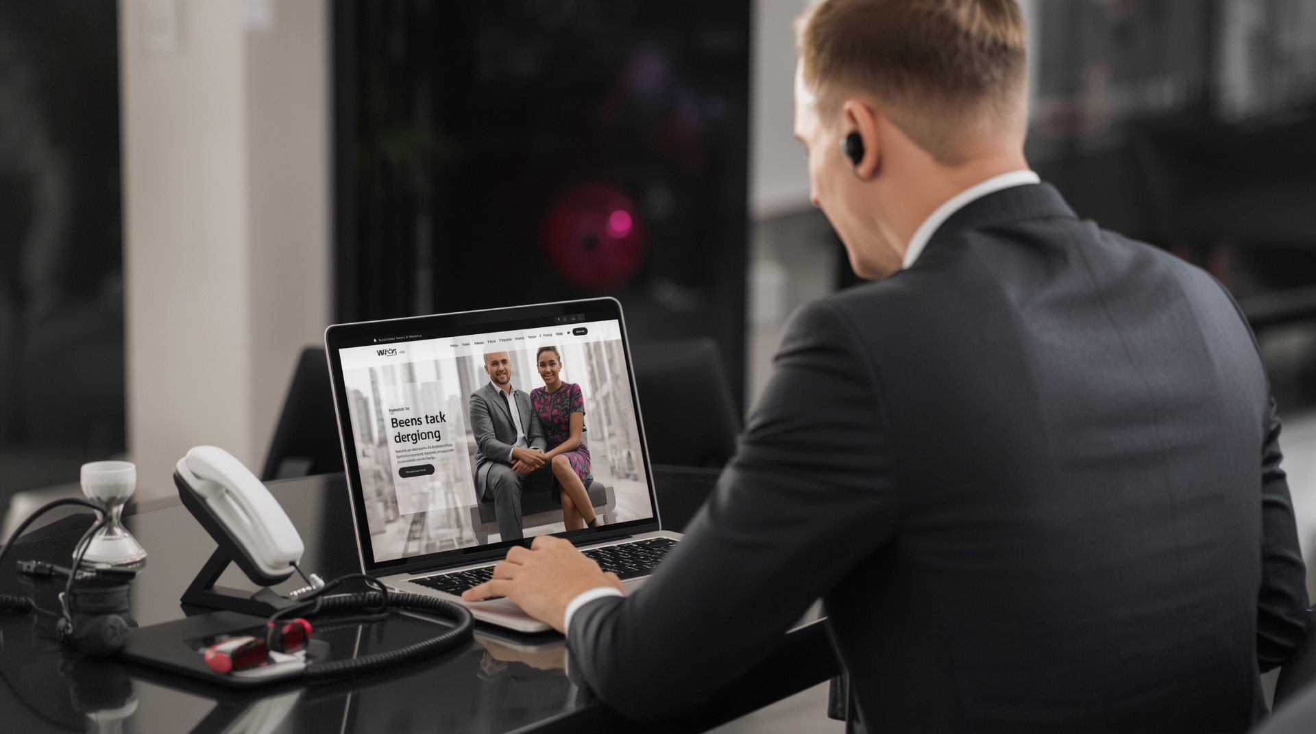 Small business owner checking a website front desk on a laptop while the phone rings